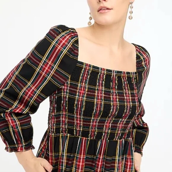 J. Crew Tartan Plaid Smocked Midi Dress Medium - Picture 2 of 5